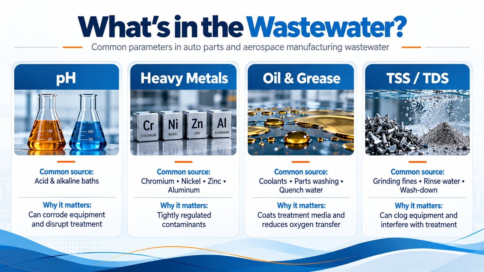 What's in the wastewater: pH from acid and alkaline baths can corrode equipment and disrupt treatment; heavy metals (chromium, nickel, zinc, aluminum) are tightly regulated contaminants; oil and grease from coolants, parts washing, and quench water coat treatment media and reduce oxygen transfer; TSS/TDS from grinding fines, rinse water, and wash-down can clog equipment and interfere with treatment
