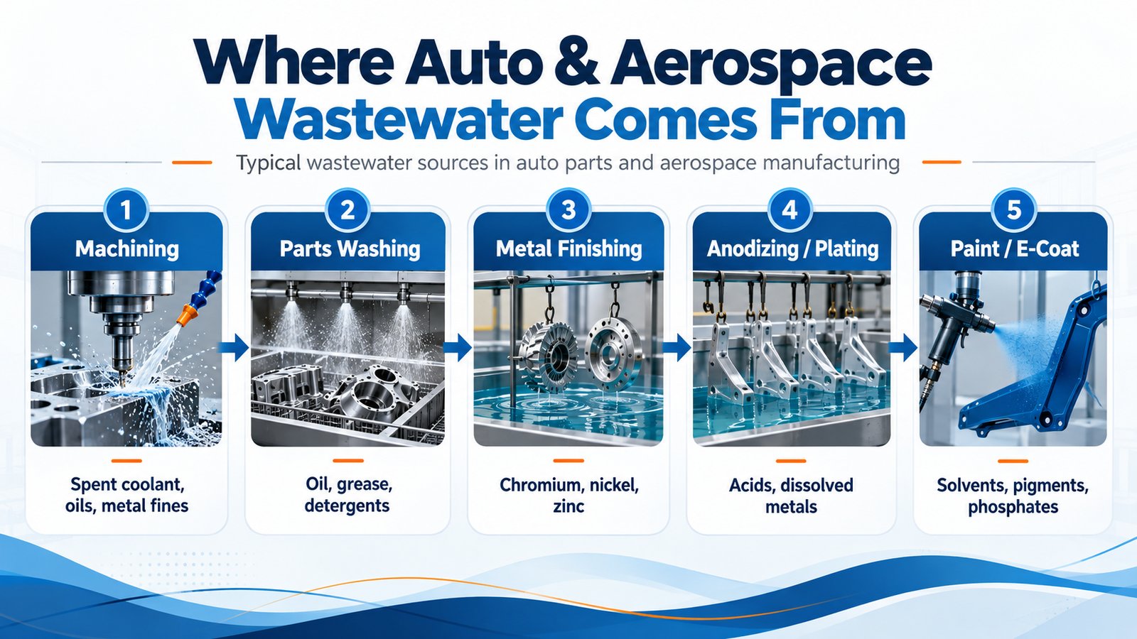 Where auto and aerospace wastewater comes from: 1. Machining (spent coolant, oils, metal fines), 2. Parts washing (oil, grease, detergents), 3. Metal finishing (chromium, nickel, zinc), 4. Anodizing and plating (acids, dissolved metals), 5. Paint and e-coat (solvents, pigments, phosphates)