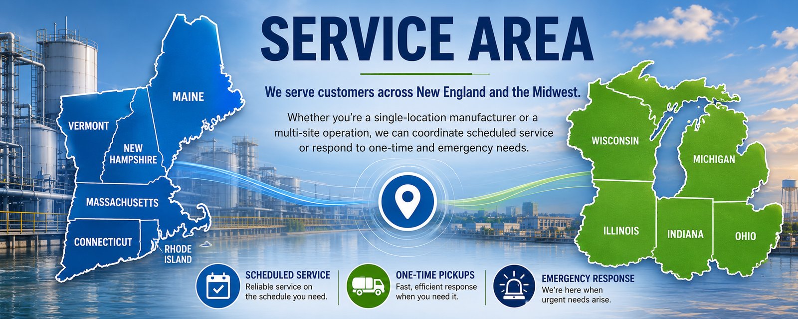 EES service area map: Maine, Vermont, New Hampshire, Massachusetts, Connecticut, and Rhode Island in New England; Wisconsin, Michigan, Illinois, Indiana, and Ohio in the Midwest