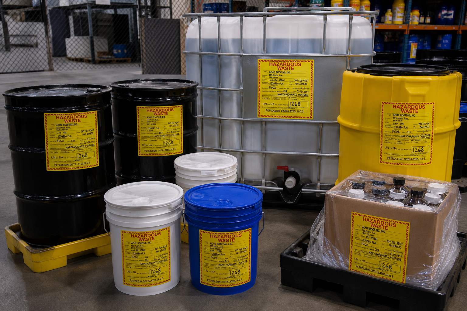 Properly labeled hazardous waste containers ready for pickup