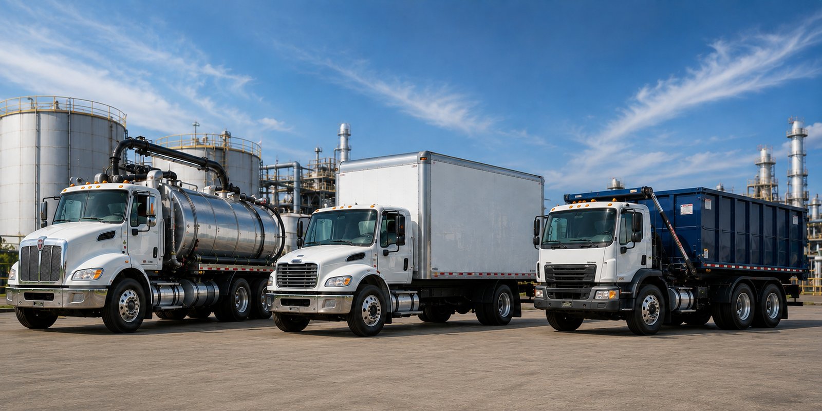 EES fleet: vacuum tanker, box truck, and roll-off