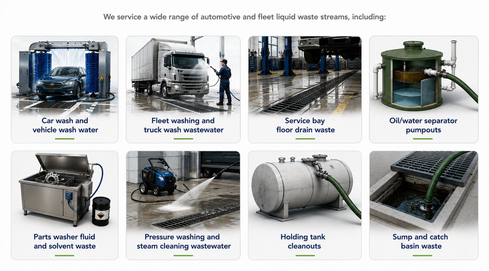 Eight automotive liquid waste streams EES services: car wash water, fleet wash wastewater, floor drain waste, oil/water separator pumpouts, parts washer fluid, pressure washing wastewater, holding tank cleanouts, and sump and catch basin waste