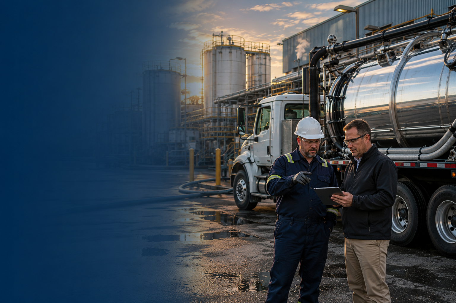 Facility manager inspecting industrial storage tanks and totes