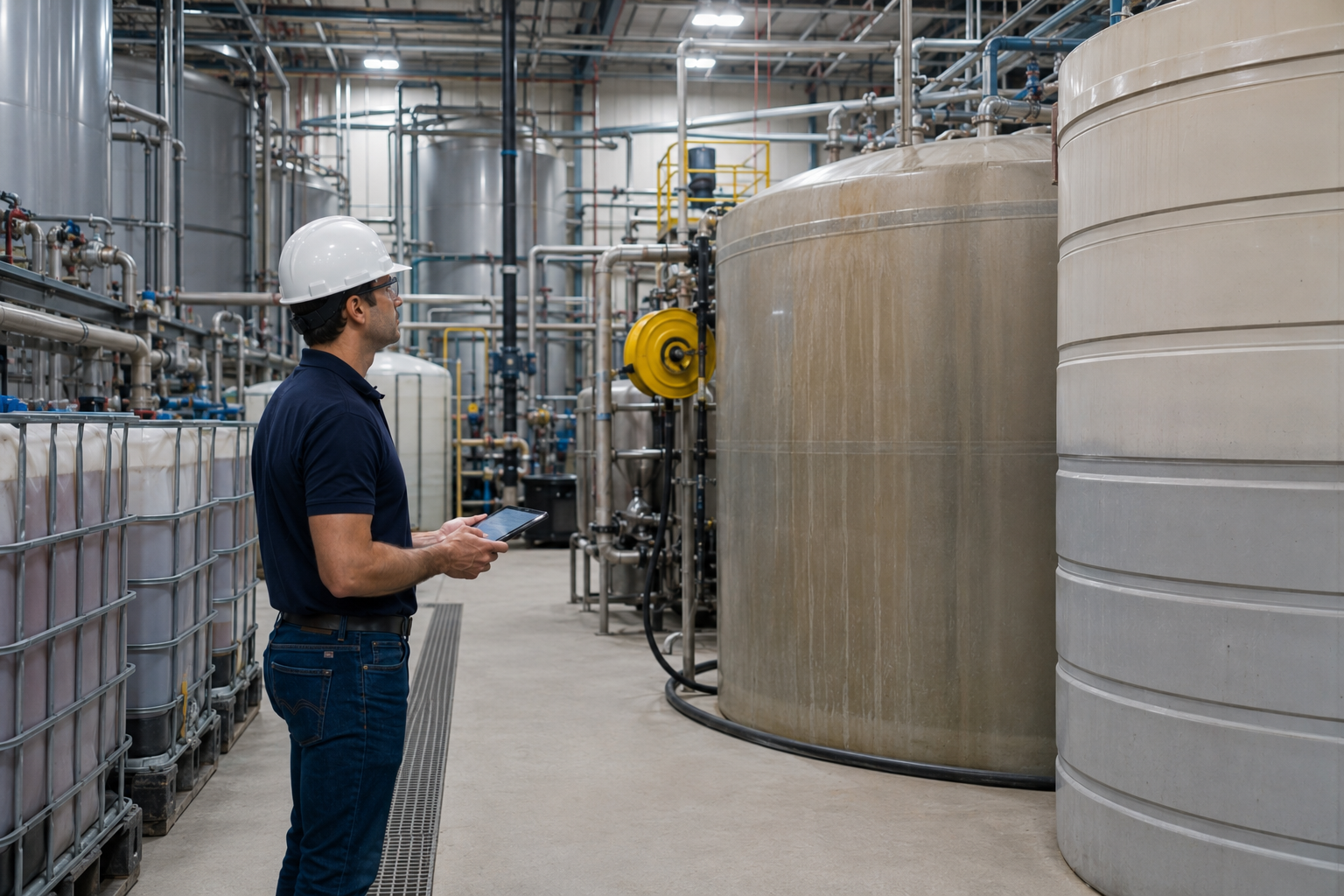Facility manager inspecting industrial storage tanks and totes