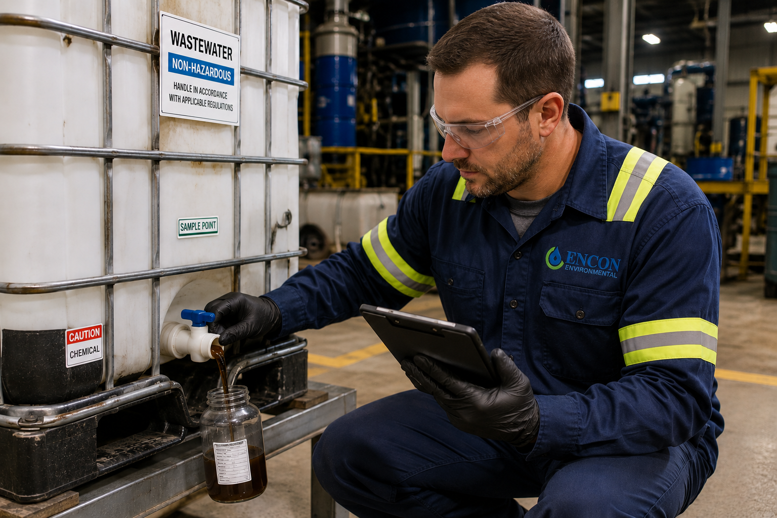 ENCON Environmental Services technician drawing a wastewater sample
