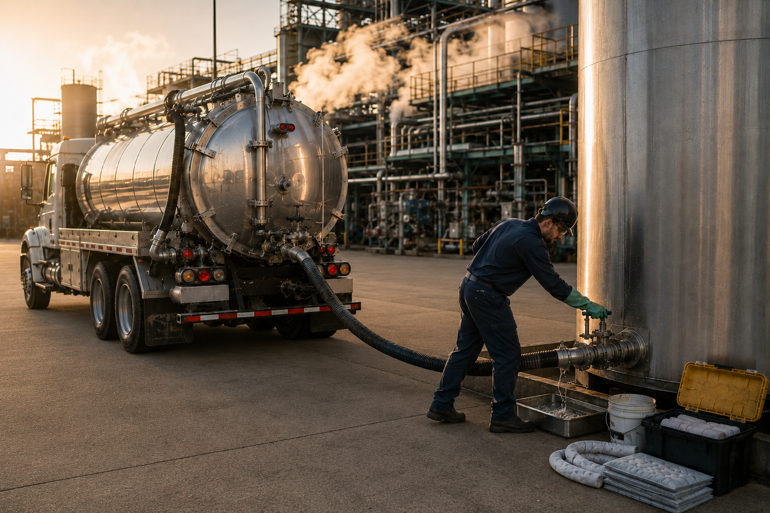 Licensed vacuum tanker truck at an industrial facility at dawn