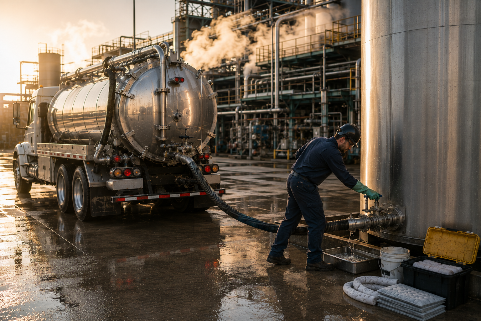 Licensed vacuum tanker truck at an industrial facility at dawn