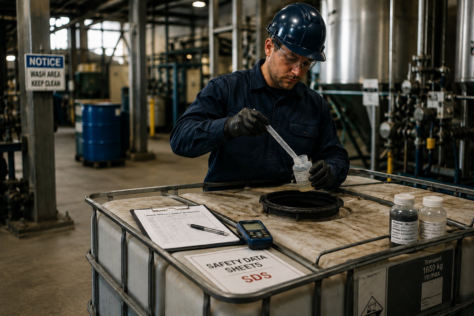 Technician sampling wastewater from an IBC tote with Safety Data Sheets visible