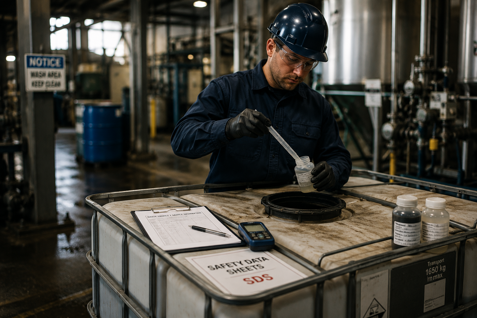 Technician sampling wastewater from an IBC tote with Safety Data Sheets visible