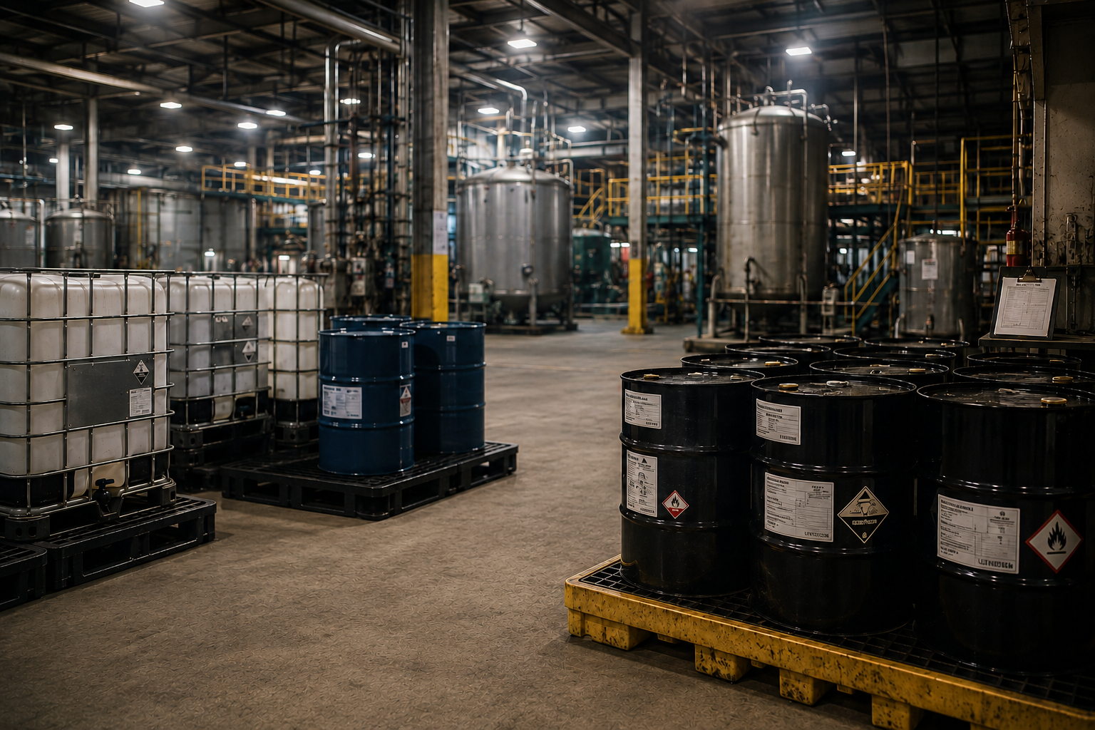 Industrial facility floor with IBC totes, drums, and liquid waste storage