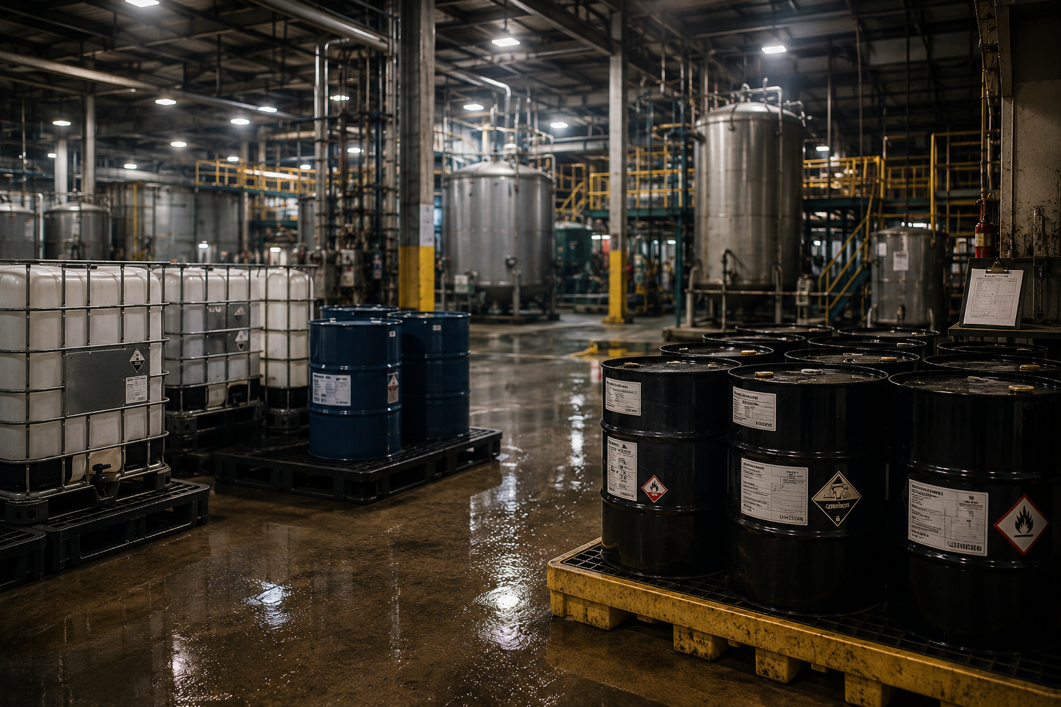 Industrial facility floor with IBC totes, drums, and liquid waste storage
