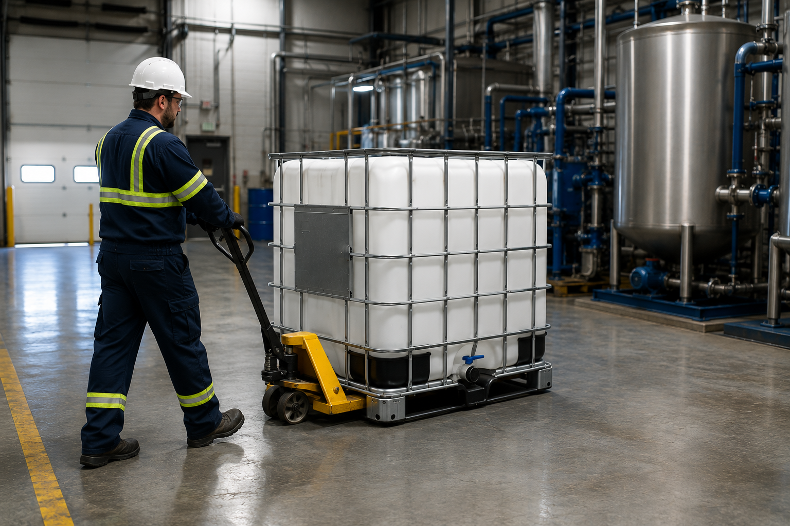 EES driver moving an IBC tote at customer facility
