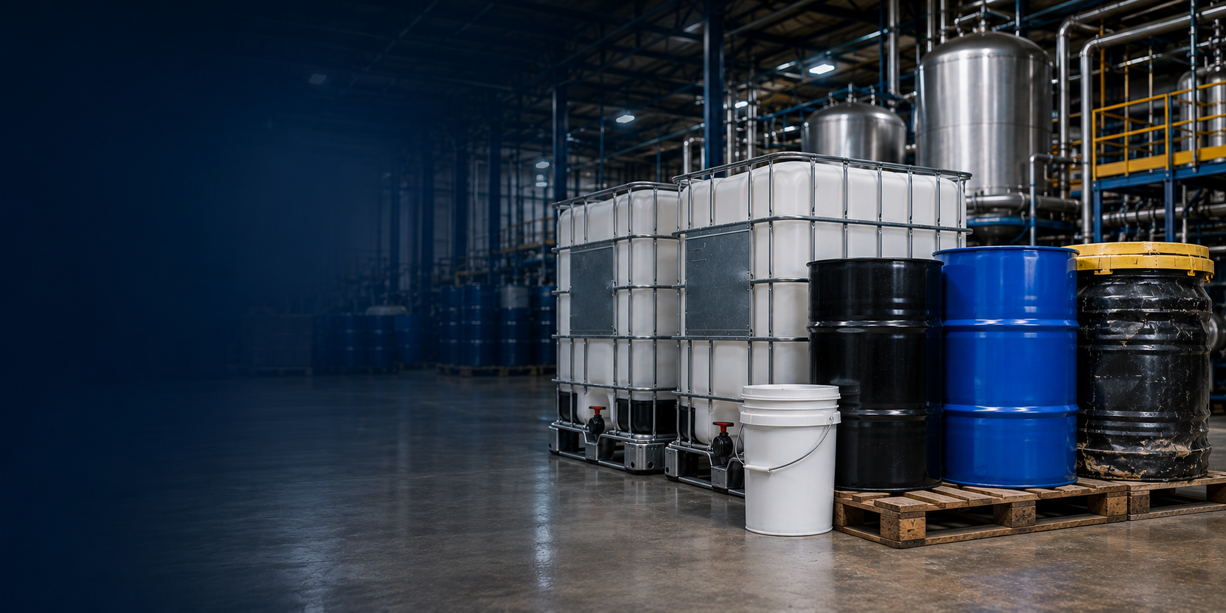 Drums and totes ready for pickup at an industrial facility