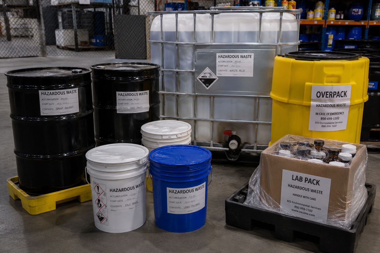 Properly labeled hazardous waste containers ready for pickup