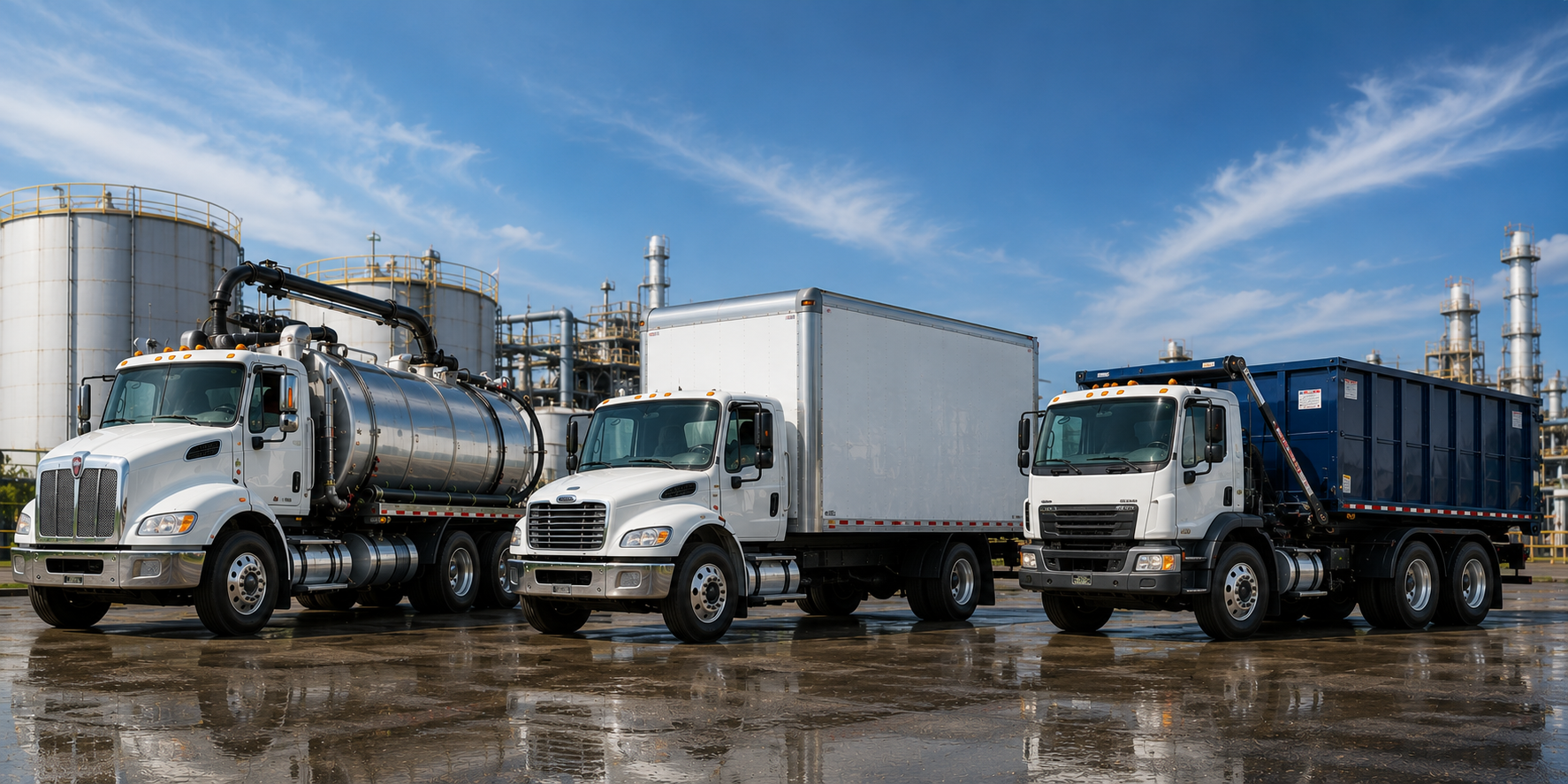 EES fleet: vacuum tanker, box truck, and roll-off