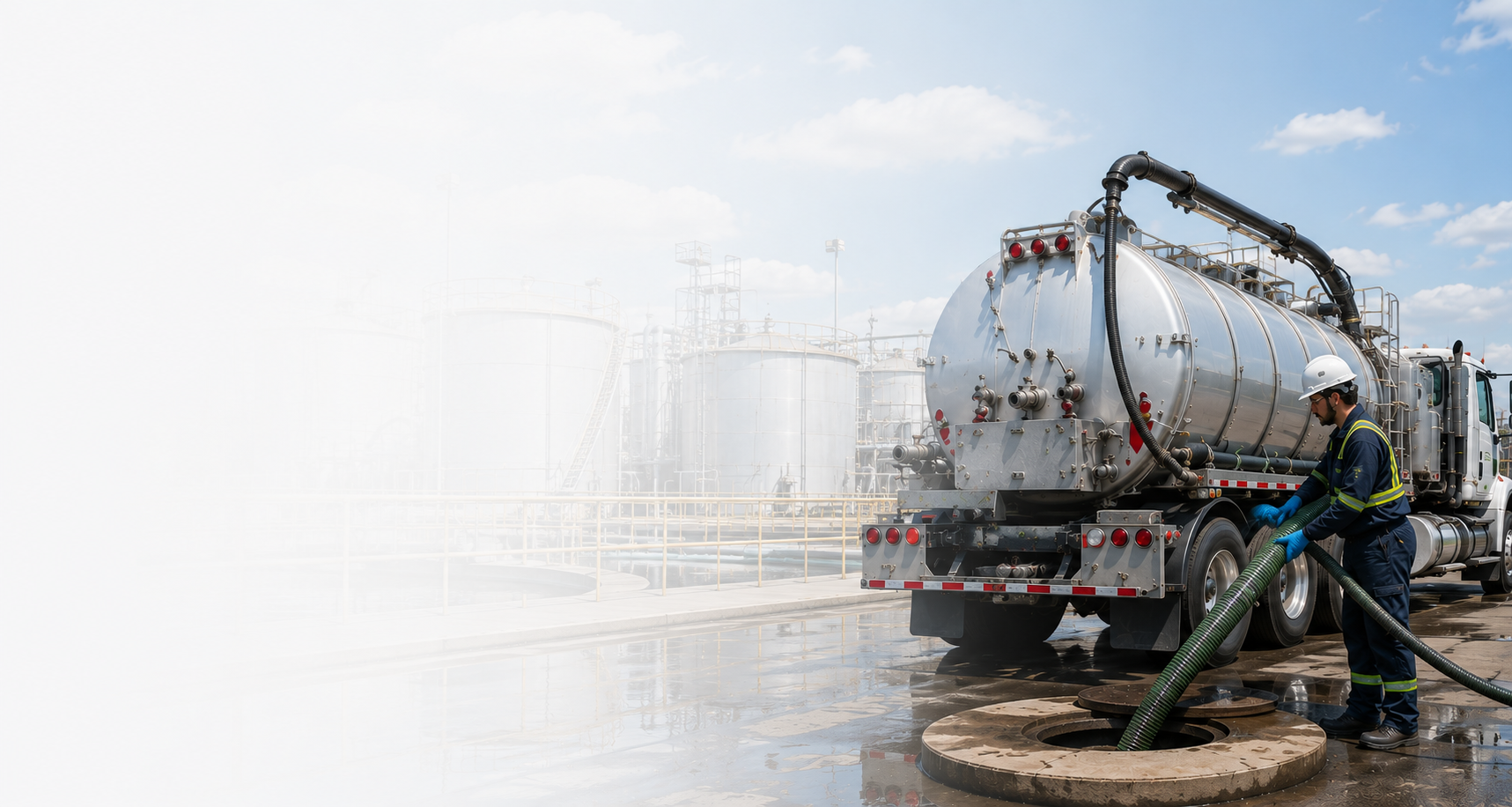 Vacuum tanker truck at industrial facility