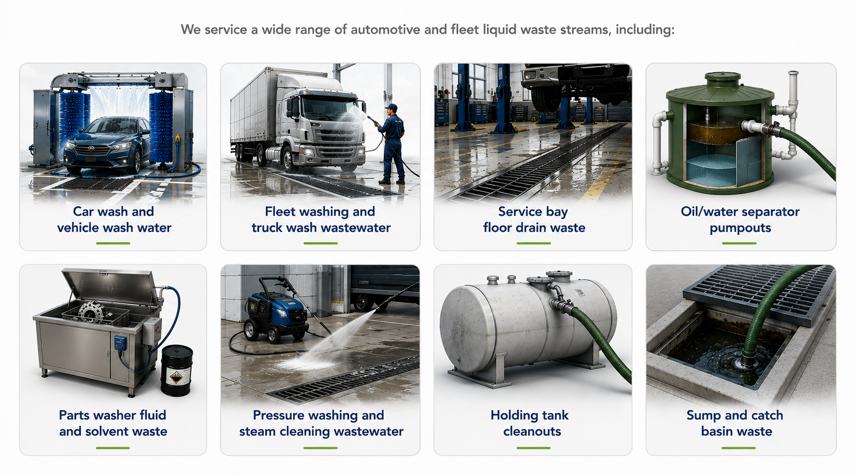 Eight automotive liquid waste streams EES services: car wash water, fleet wash wastewater, floor drain waste, oil/water separator pumpouts, parts washer fluid, pressure washing wastewater, holding tank cleanouts, and sump and catch basin waste
