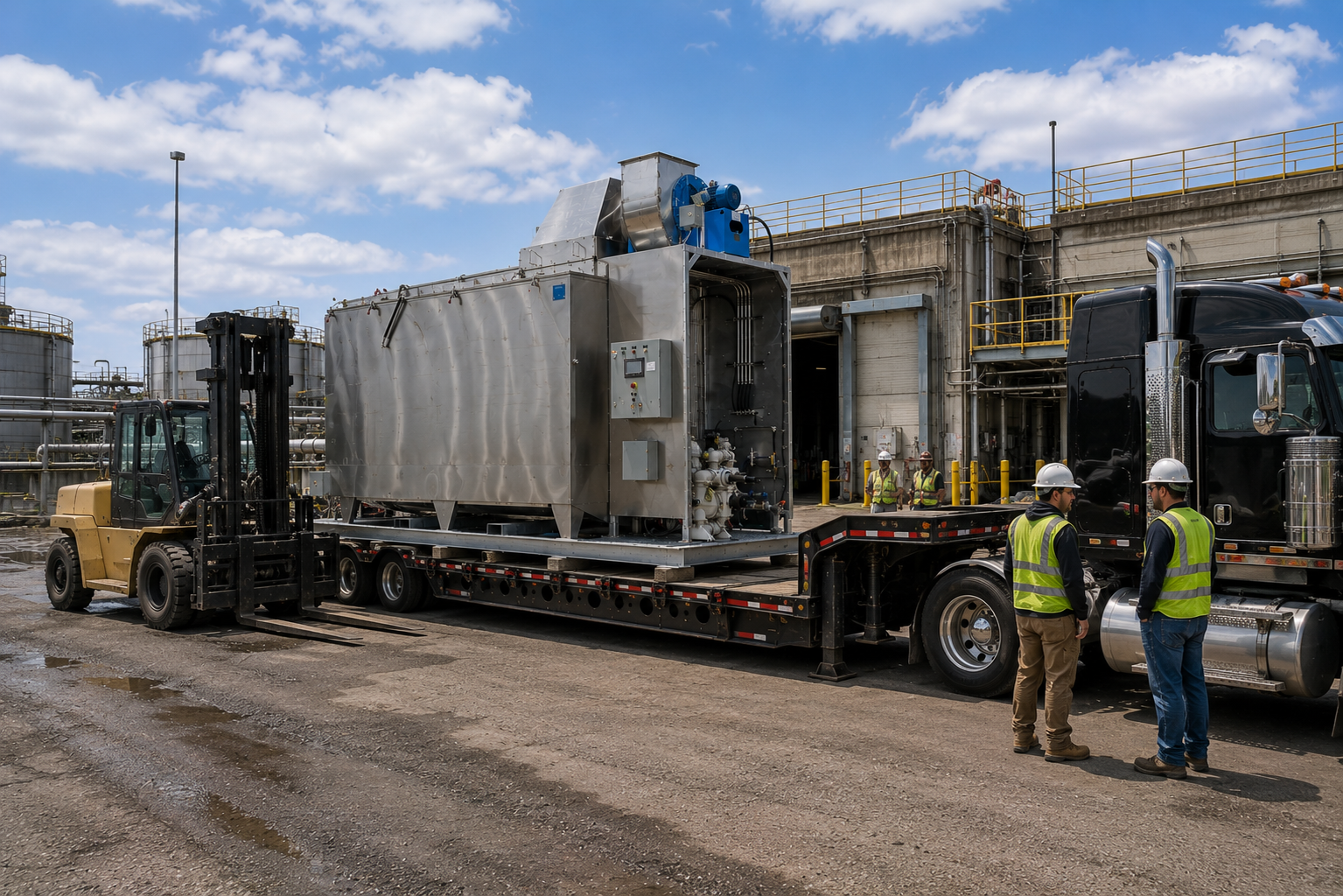 Large rental evaporator being delivered and unloaded on-site